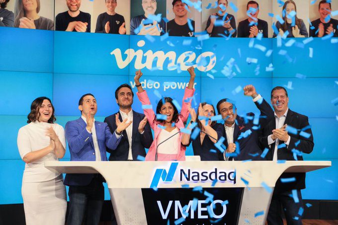 Vimeo CEO Anjali Sud celebrates with her team after Vimeo's listing on NASDAQ.